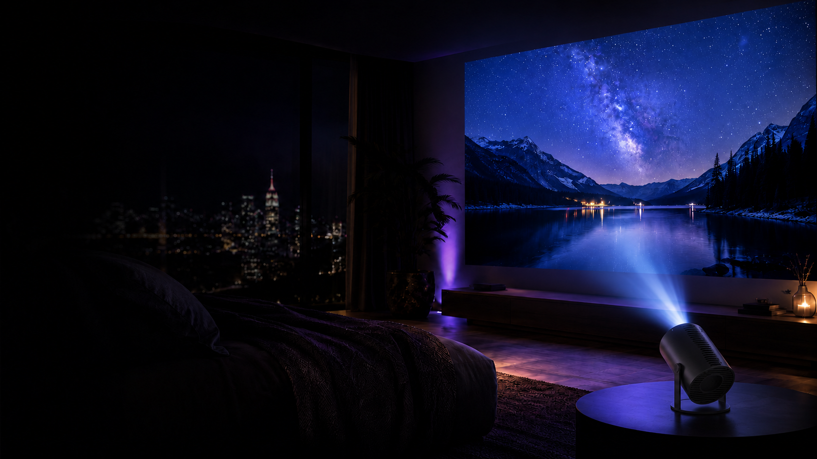 Nyxorian Portable Projector projecting a starry mountain scene in a cozy cinematic bedroom home theater setup